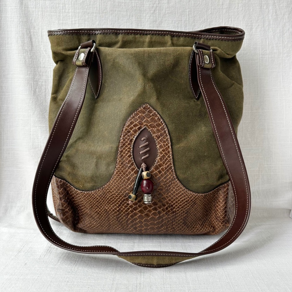 Vintage SOCO Olive Suede Shoulder Bag Snakeskin Trim Brown Leather France